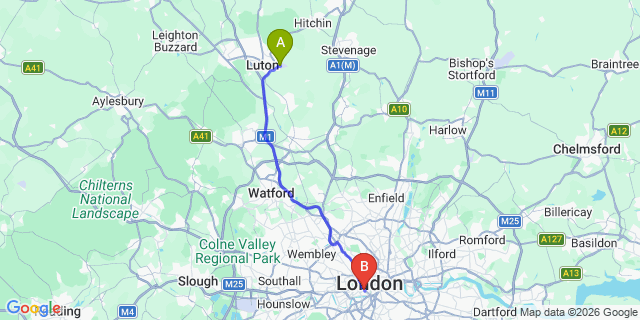 Map: London Luton Airport (LTN) to London SW1