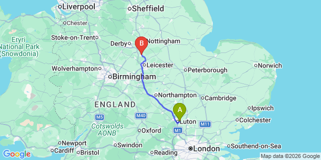 Map: London Luton Airport (LTN) to Loughborough