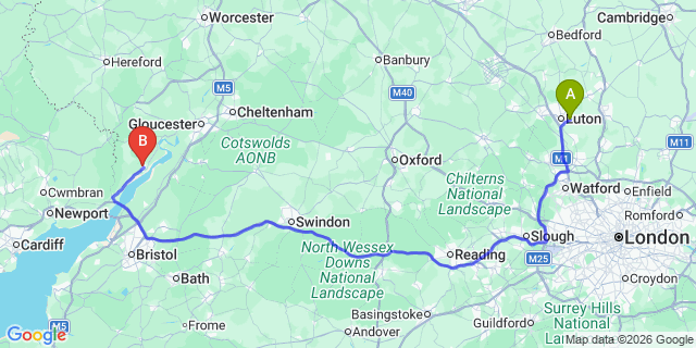 Map: London Luton Airport (LTN) to Lydney