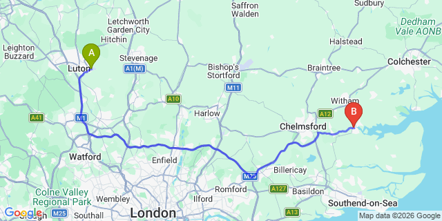 Map: London Luton Airport (LTN) to Maldon