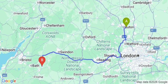 Map: London Luton Airport (LTN) to Malksham
