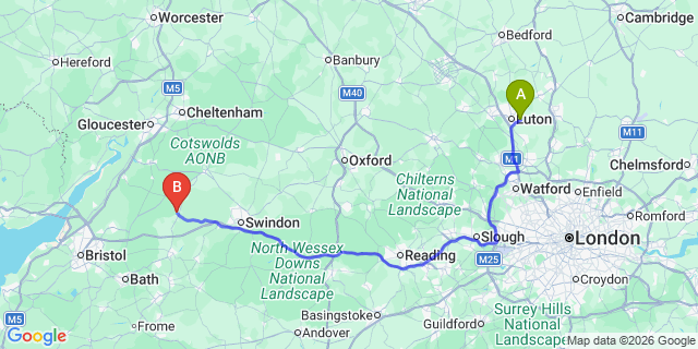 Map: London Luton Airport (LTN) to Malmesbury