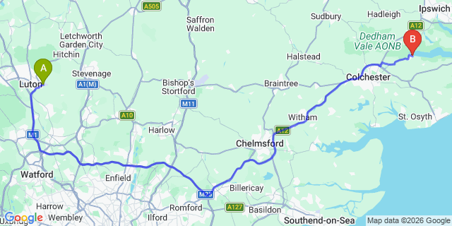 Map: London Luton Airport (LTN) to Manningtree