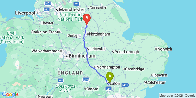 Map: London Luton Airport (LTN) to Mansfield