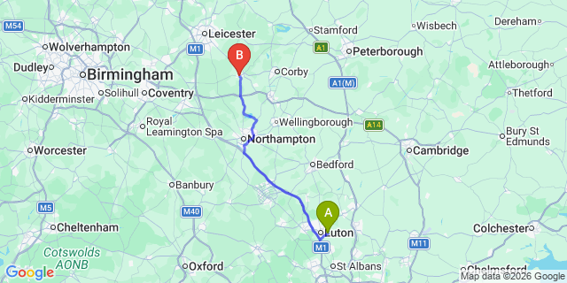 Map: London Luton Airport (LTN) to Market Harborough