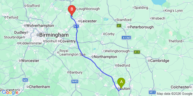 Map: London Luton Airport (LTN) to Markfield