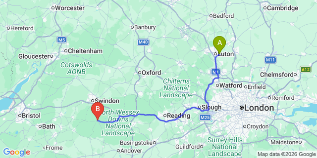 Map: London Luton Airport (LTN) to Marlborough