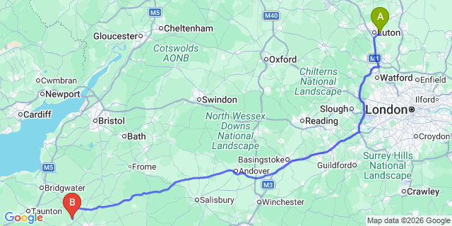Map: London Luton Airport (LTN) to Martock