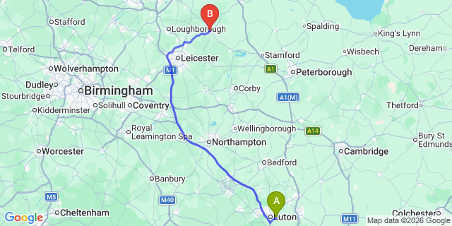 Map: London Luton Airport (LTN) to Melton Mowbray