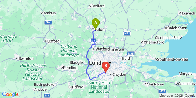 Map: London Luton Airport (LTN) to Merton