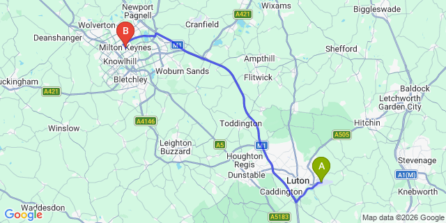 Map: London Luton Airport (LTN) to Milton Keynes