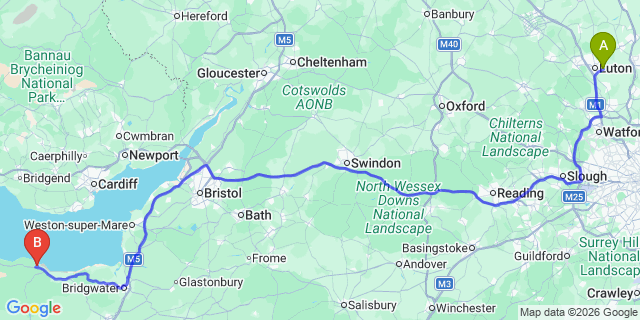 Map: London Luton Airport (LTN) to Minehead