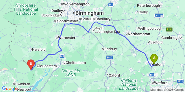 Map: London Luton Airport (LTN) to Monmouth
