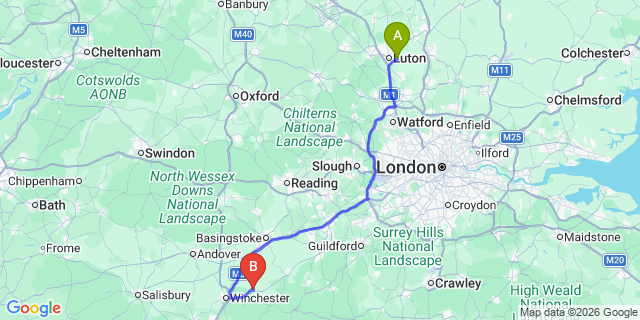 Map: London Luton Airport (LTN) to New Alresford