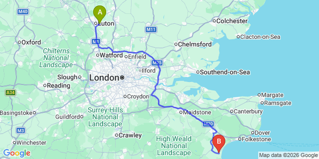 Map: London Luton Airport (LTN) to New Romney