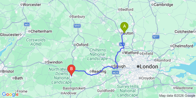 Map: London Luton Airport (LTN) to Newbury