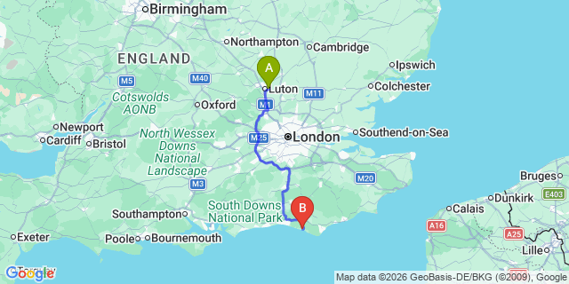 Map: London Luton Airport (LTN) to Newhaven