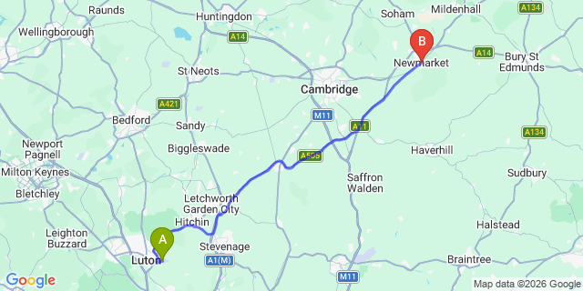 Map: London Luton Airport (LTN) to Newmarket