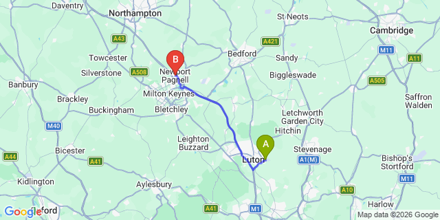 Map: London Luton Airport (LTN) to Newport Pagnell