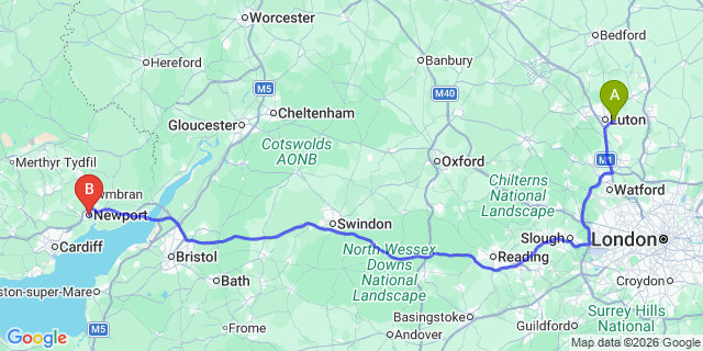 Map: London Luton Airport (LTN) to Newport