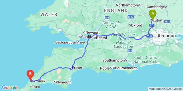 Map: London Luton Airport (LTN) to Newquay