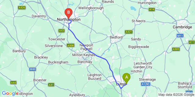 Map: London Luton Airport (LTN) to Northampton