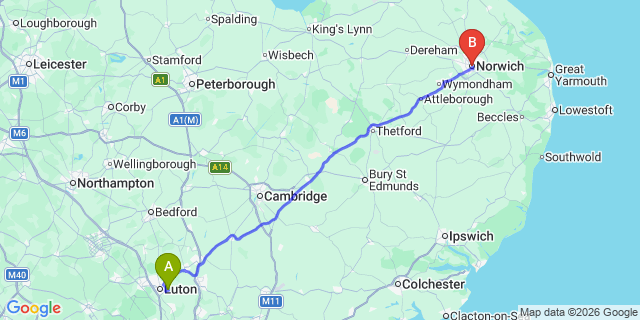 Map: London Luton Airport (LTN) to Norwich