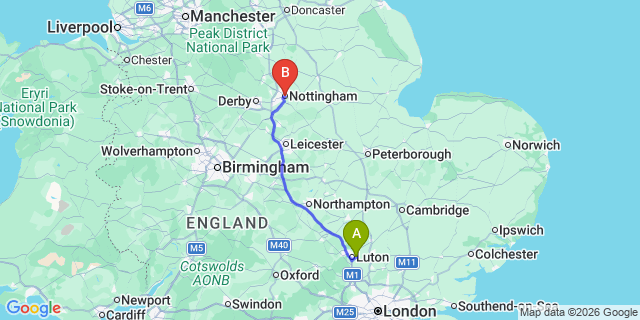 Map: London Luton Airport (LTN) to Nottingham