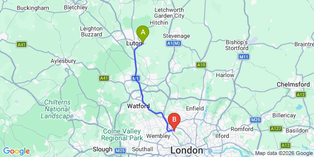 Map: London Luton Airport (LTN) to NW11 Golders Green