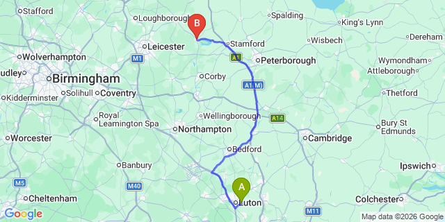 Map: London Luton Airport (LTN) to Oakham