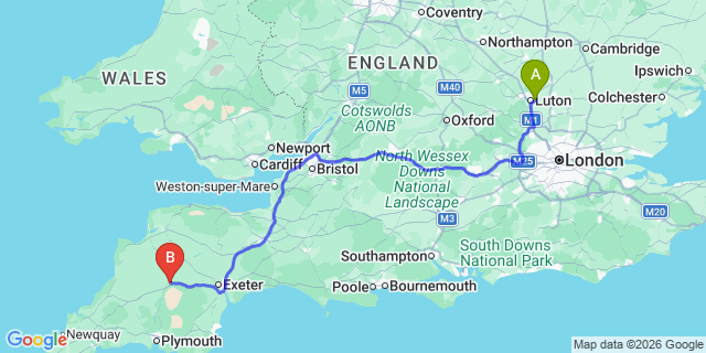 Map: London Luton Airport (LTN) to Okehampton