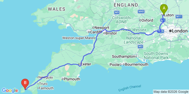 Map: London Luton Airport (LTN) to Penzance