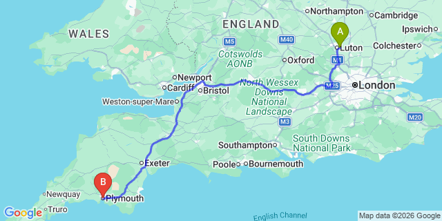 Map: London Luton Airport (LTN) to Plymouth