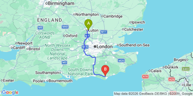 Map: London Luton Airport (LTN) to Polegate