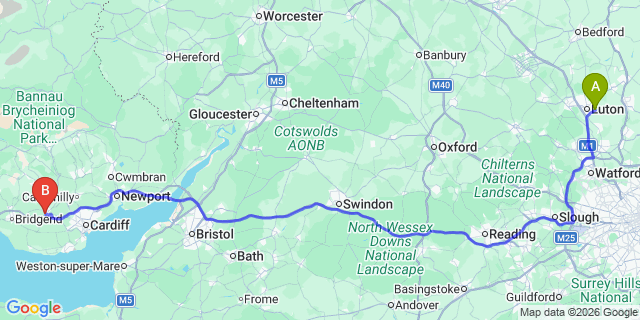 Map: London Luton Airport (LTN) to Pontyclun