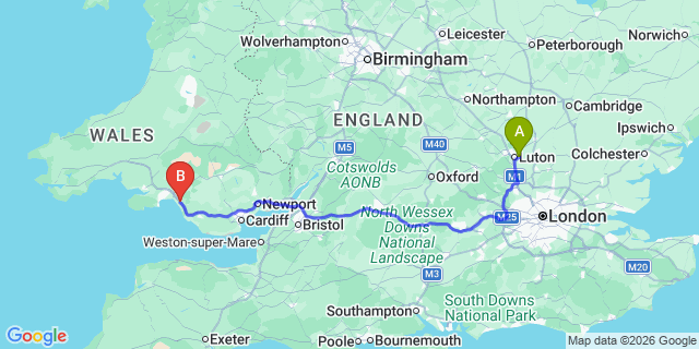 Map: London Luton Airport (LTN) to Port Talbot