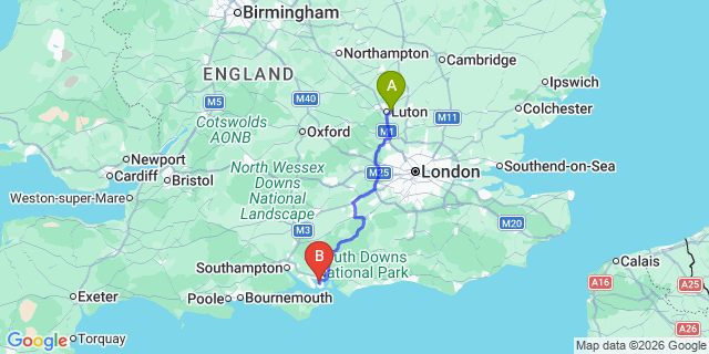 Map: London Luton Airport (LTN) to Portsmouth