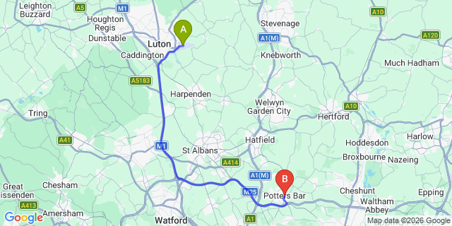 Map: London Luton Airport (LTN) to Potters Bar