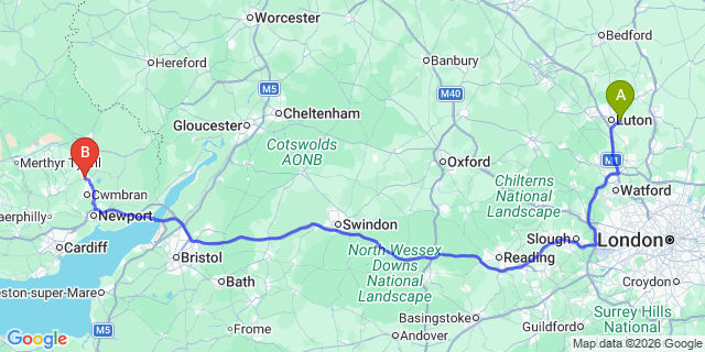 Map: London Luton Airport (LTN) to Poutypool