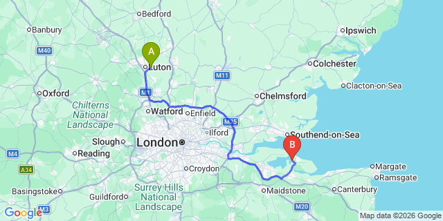 Map: London Luton Airport (LTN) to Queenborough