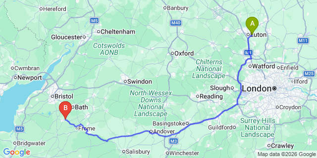 Map: London Luton Airport (LTN) to Radstock