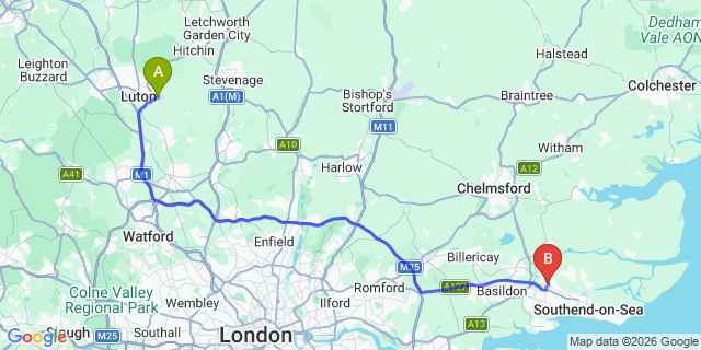 Map: London Luton Airport (LTN) to Rayleigh