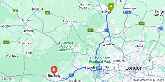 Map: London Luton Airport (LTN) to Reading