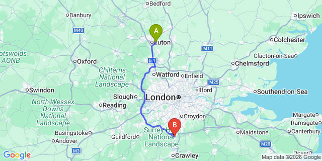 Map: London Luton Airport (LTN) to Redhill