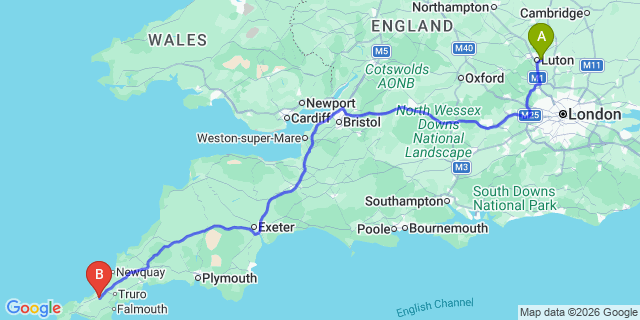 Map: London Luton Airport (LTN) to Redruth