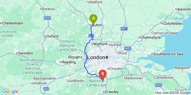 Map: London Luton Airport (LTN) to Reigate