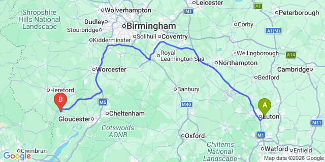 Map: London Luton Airport (LTN) to Ross-On-Wye