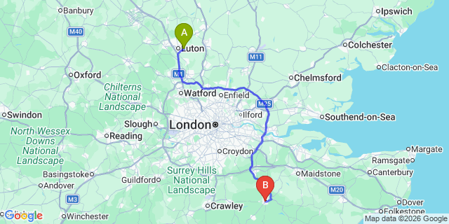 Map: London Luton Airport (LTN) to Royal Tunbridge Wells