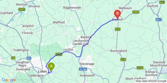 Map: London Luton Airport (LTN) to Royston