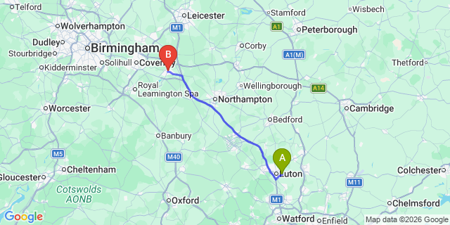 Map: London Luton Airport (LTN) to Rugby